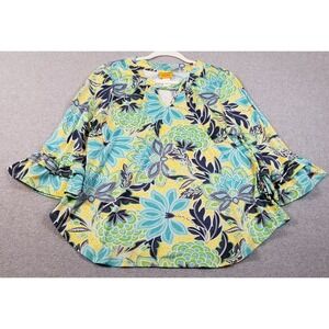 Ruby Rd Blouse Womens Large L Yellow Blue Floral Keyhole 3/4 Bell Sleeve Stretch